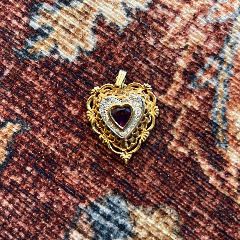 Vintage custom 14k solid gold heart locket with diamond and amethyst inlay